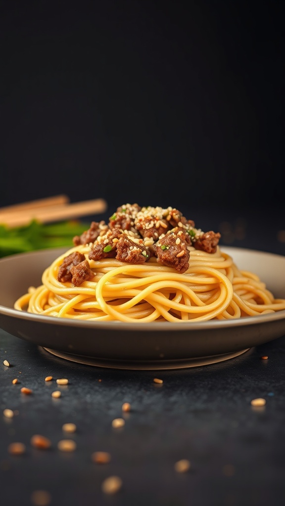A plate of sesame noodles topped with ground beef and garnished with sesame seeds and green onions.