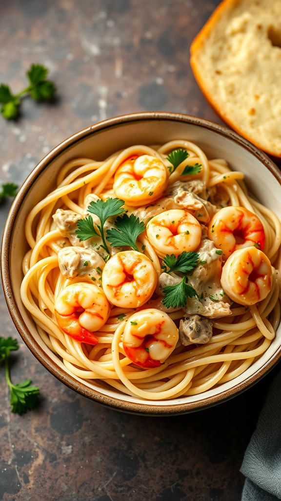 A bowl of shrimp and chicken alfredo pasta garnished with parsley.