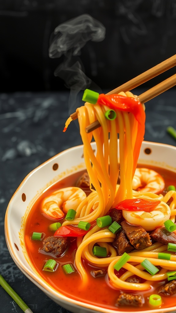 A delicious bowl of Sichuan peppercorn beef and shrimp noodles, featuring thick noodles, shrimp, and green onions in a spicy broth.