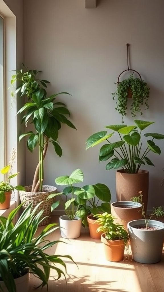 A collection of indoor plants in various pots arranged by a window.