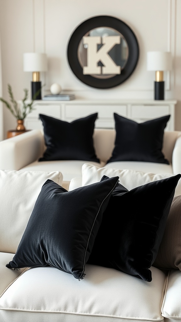 A cozy white sofa adorned with black throw pillows in a stylish living room setting.