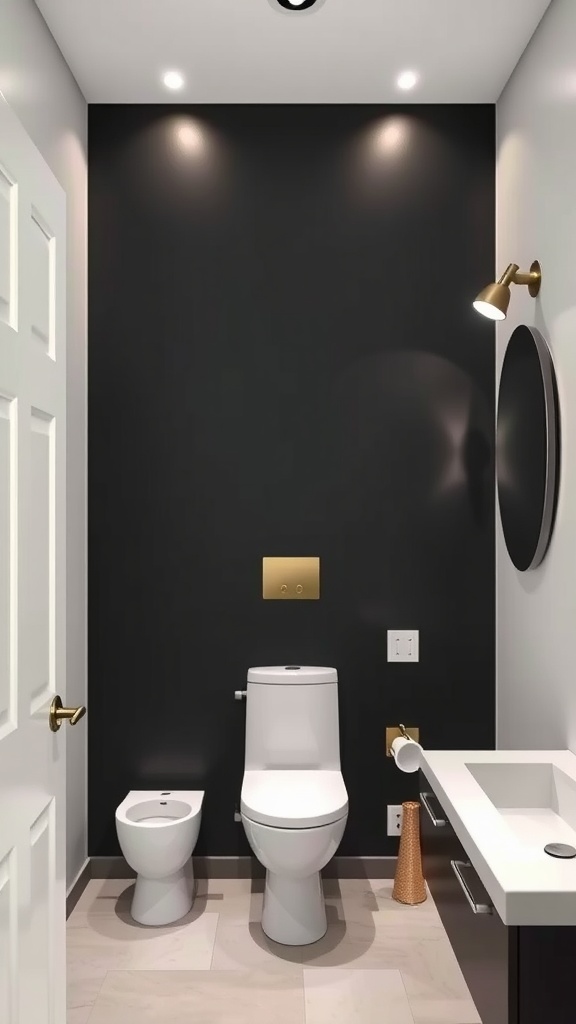 A sleek bathroom featuring a matte black accent wall, modern toilet, and stylish fixtures.