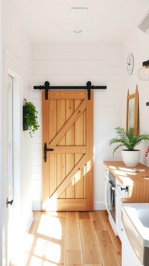 Interior view of a small space featuring a sliding barn door, laundry area, and decorative plants.