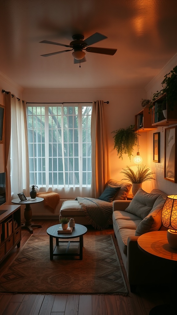 Cozy living room with warm lighting and plants