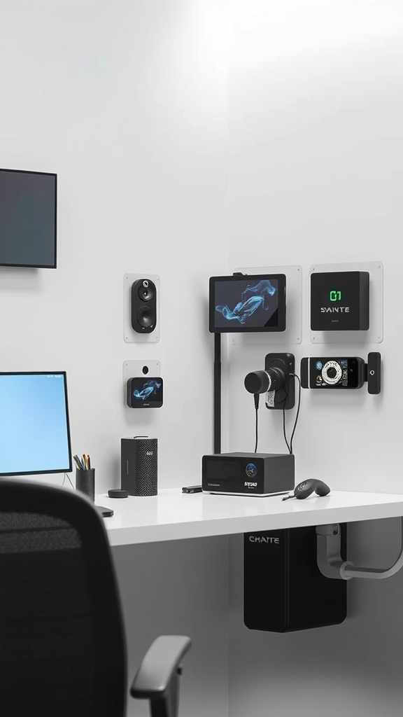 A minimalist workspace featuring smart technology including a monitor, speakers, and a tablet mounted on the wall.