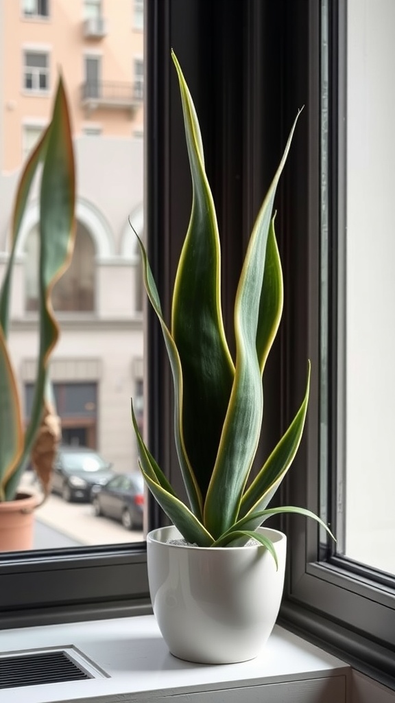 A snake plant in a white pot positioned by a window.