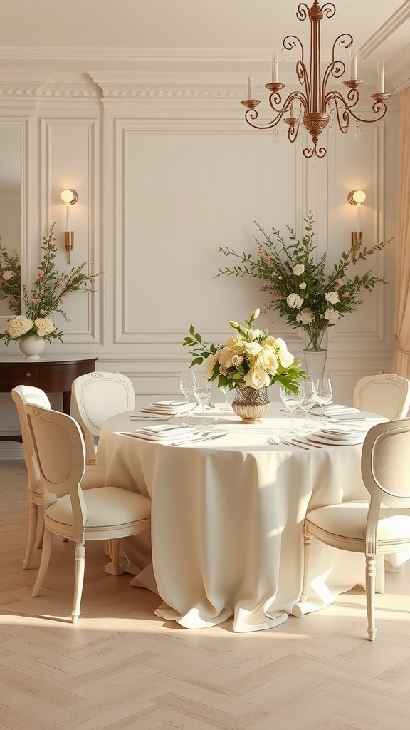 A softly lit dining area with a cream-colored tablecloth, elegant chairs, and floral arrangements.