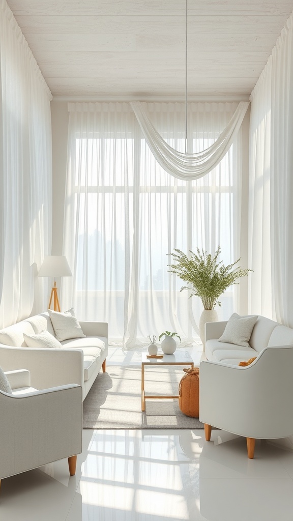Cozy living room with white furniture and large windows