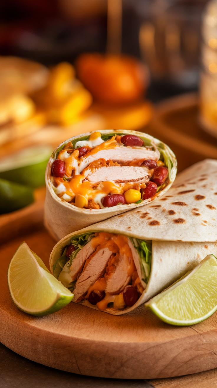 A close-up of Southwestern Chicken Cheese Wraps with chicken, cheese, beans, and lime slices on a wooden plate.