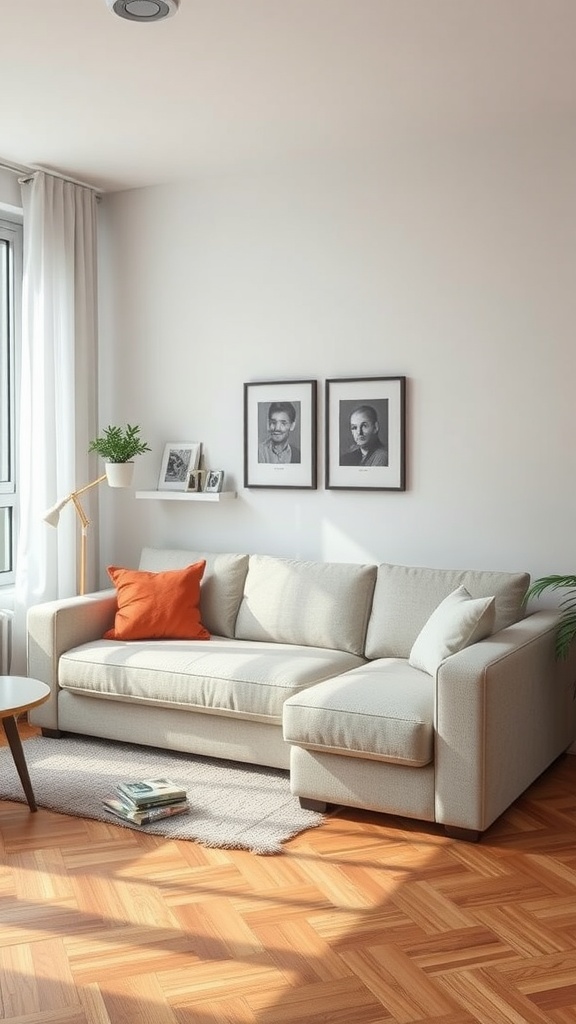 A modern modular sofa in a bright living room with a wooden floor.