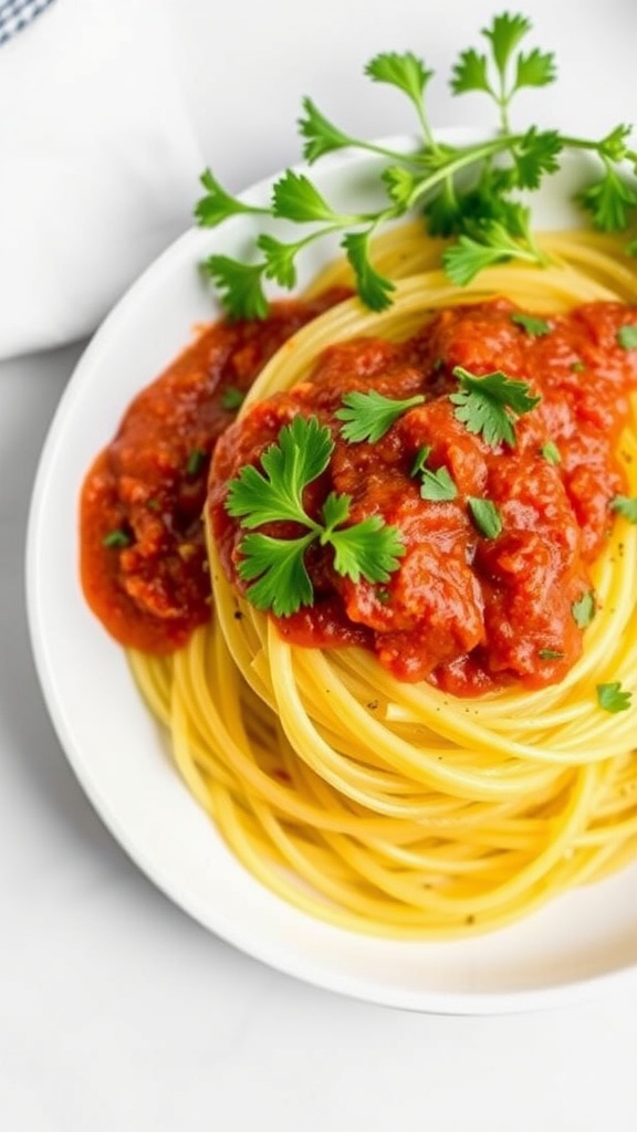 Plate of spaghetti squash topped with marinara sauce and garnished with fresh parsley.