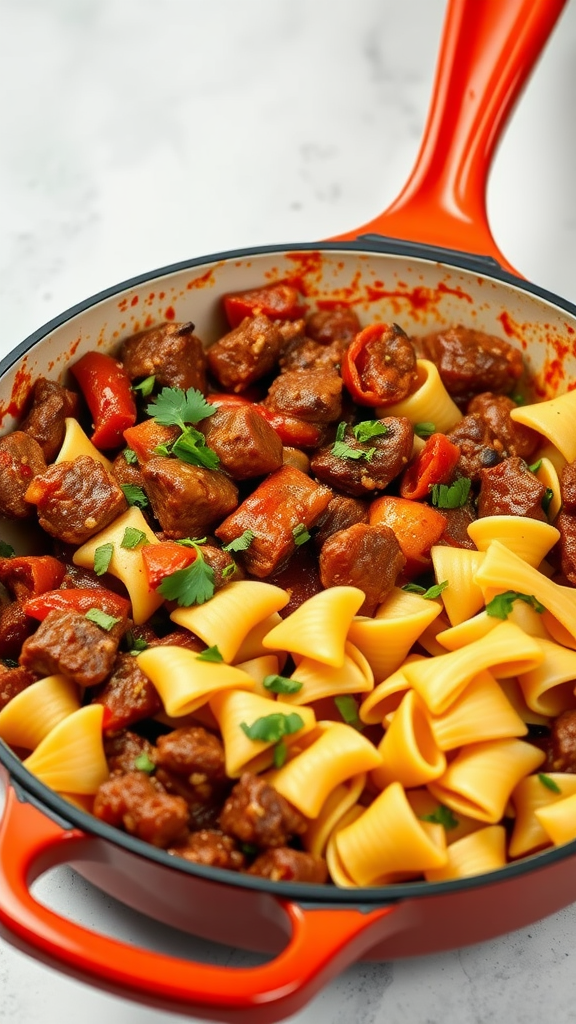 A skillet filled with spicy beef and bowtie pasta, garnished with fresh parsley and colorful bell peppers.