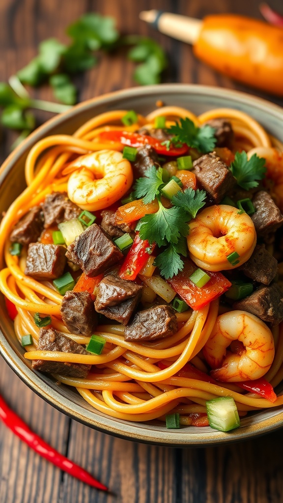 A bowl of spicy beef and shrimp stir-fry noodles with colorful vegetables.