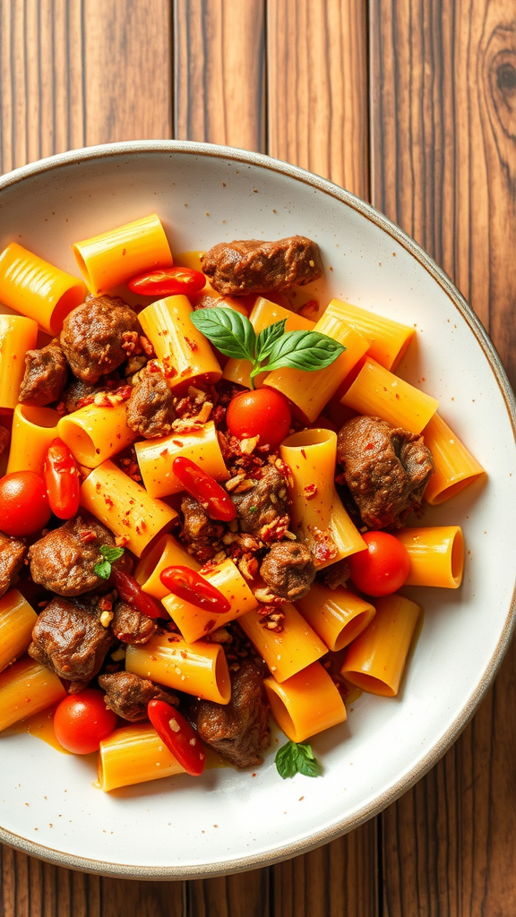 A bowl of beef and bowtie pasta with tomatoes and spices.