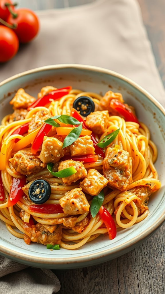 A plate of spicy Cajun chicken pasta with colorful bell peppers and garnished with parsley.