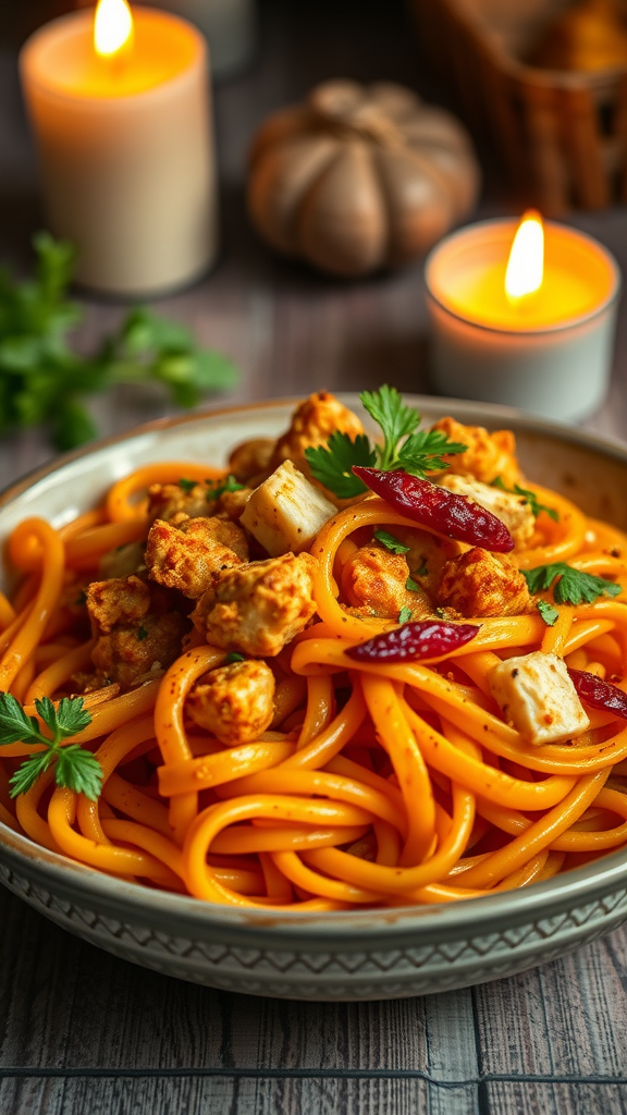 A plate of spicy Cajun chicken pasta garnished with parsley and red chilies.