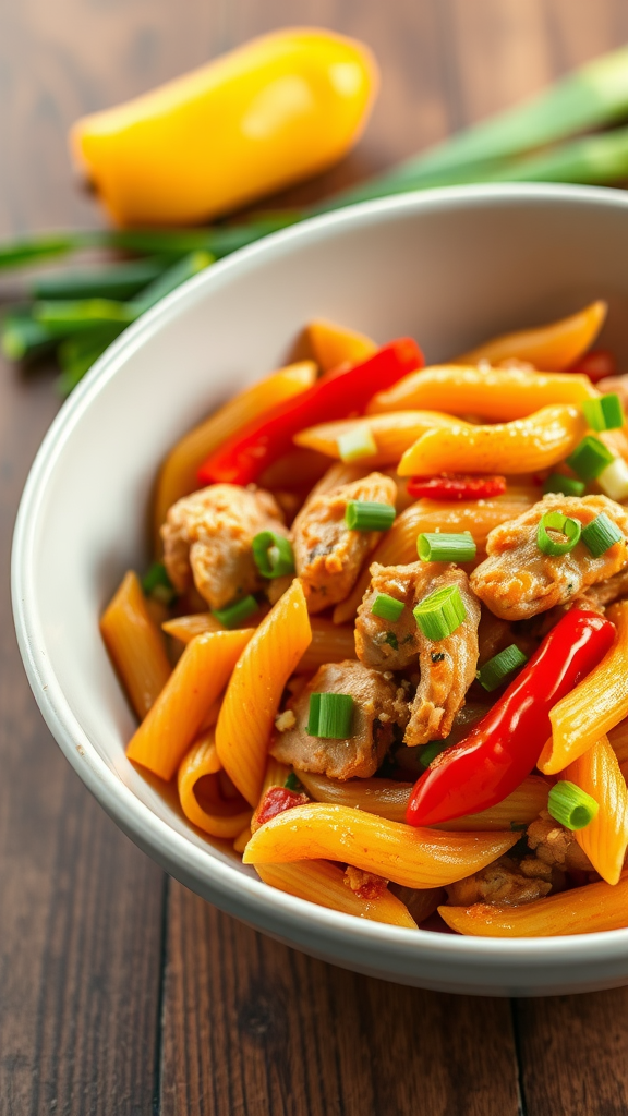 Bowl of Spicy Cajun Chicken Penne pasta with colorful bell peppers and green onions