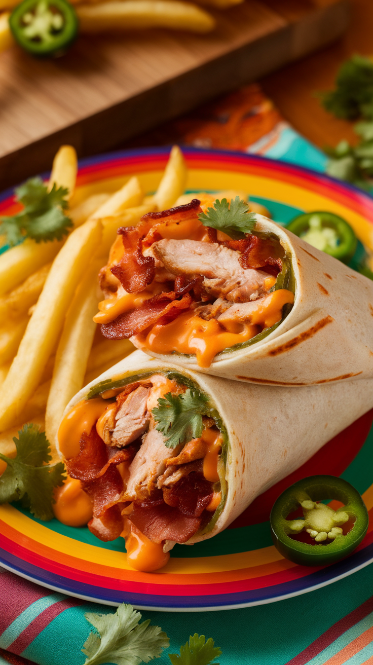 A colorful plate featuring a spicy cheesy chicken and bacon wrap with fries.