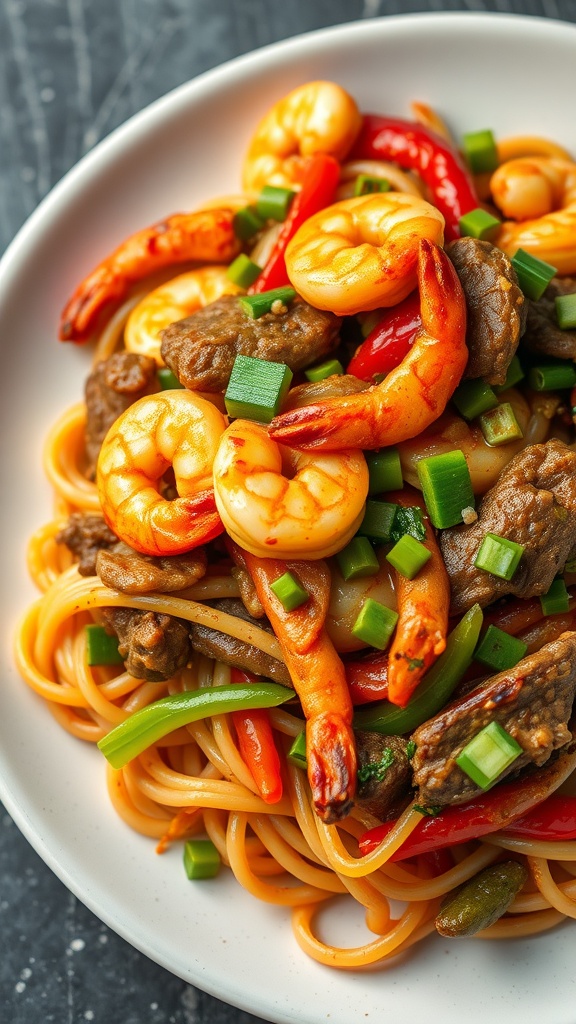 A bowl of spicy garlic beef and shrimp stir-fry with colorful vegetables.