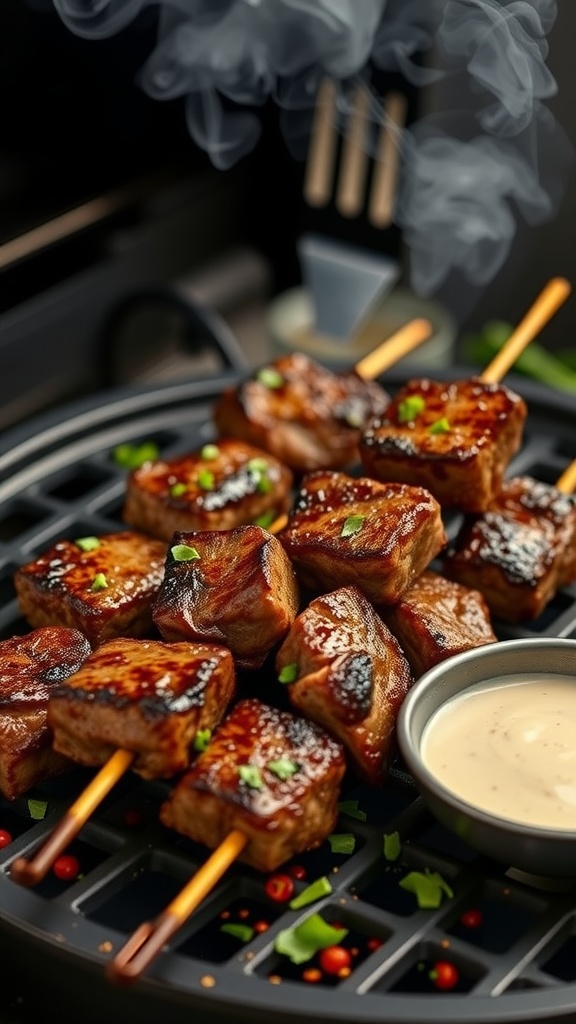 Grilled steak skewers with garlic butter, garnished with herbs, and a side of dipping sauce.