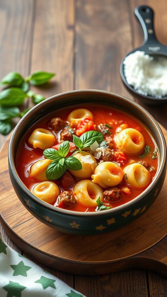 A bowl of Spicy Italian Sausage Tortellini Soup with tortellini, sausage, and basil.