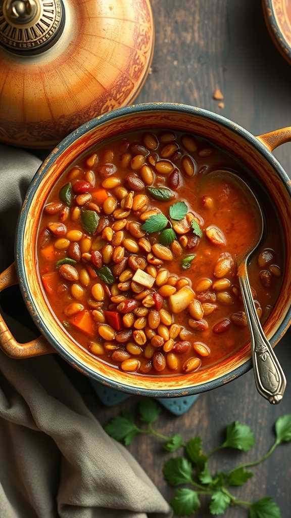 A bowl of spicy lentil and vegetable stew with various beans and vegetables, garnished with cilantro.