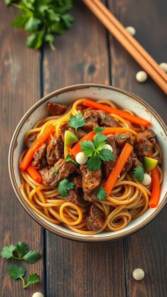 A bowl of spicy Mongolian beef noodles with vegetables garnished with cilantro.