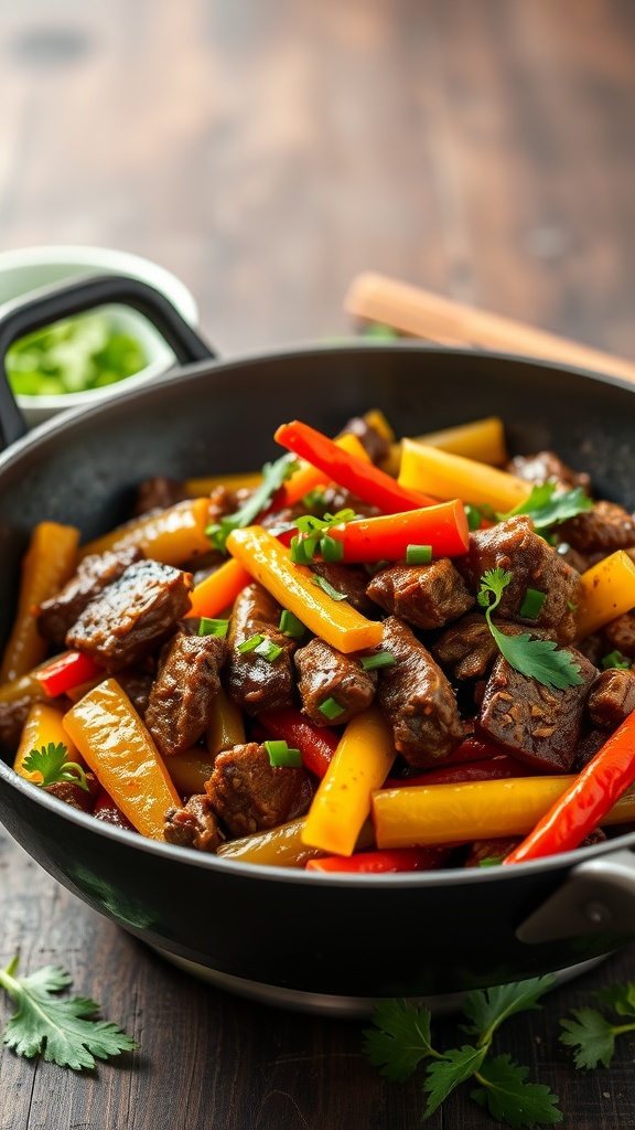 A delicious spicy Mongolian beef stir-fry with colorful vegetables.