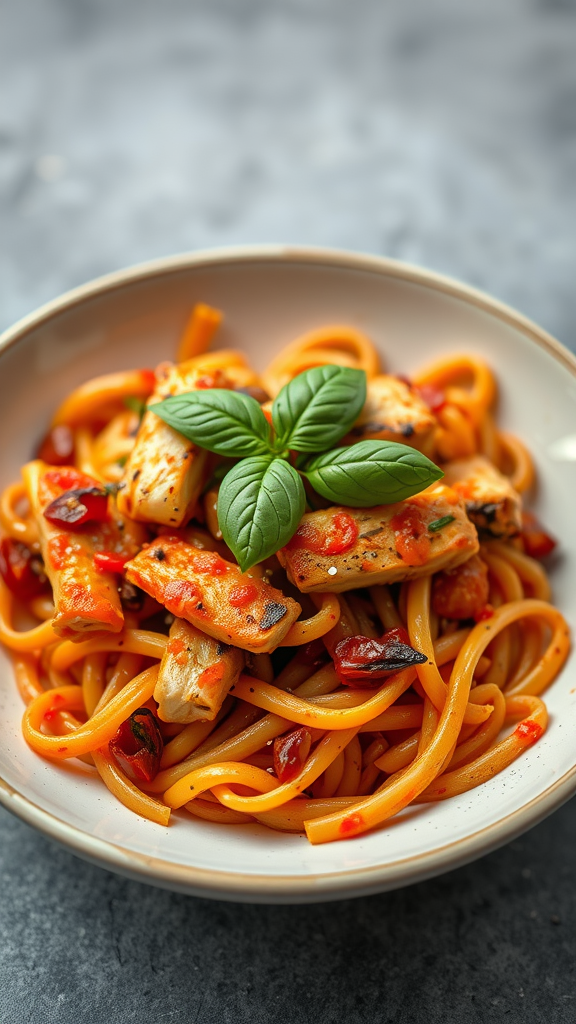 A bowl of Spicy Penne Arrabbiata with chicken, topped with fresh basil.