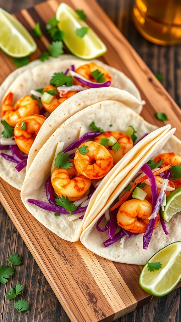 Three spicy shrimp tacos with cabbage slaw on a wooden board, garnished with lime wedges and cilantro.