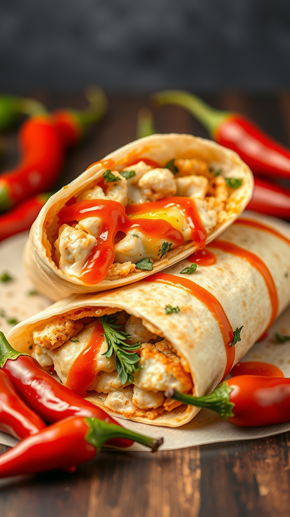 Cheesy garlic chicken wraps with Sriracha sauce and fresh chili peppers