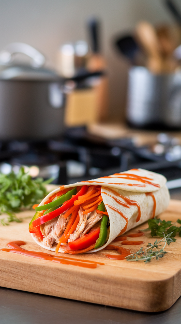 A spicy Sriracha garlic chicken wrap with fresh vegetables on a wooden cutting board