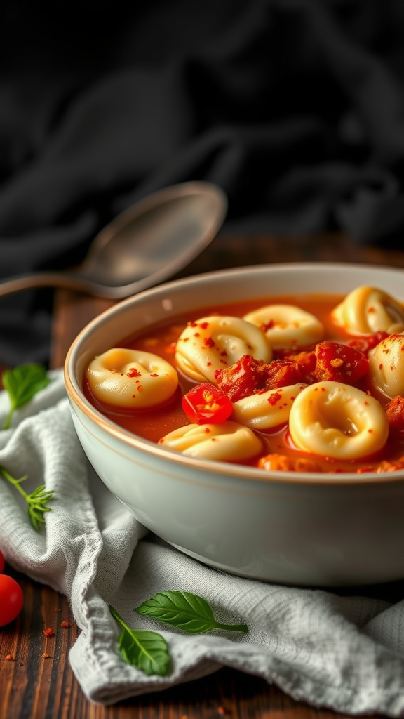 A bowl of spicy tomato tortellini with chicken and herbs