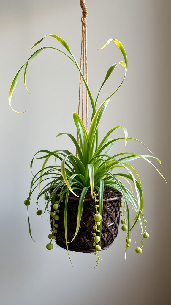 A spider plant hanging in a woven pot, showcasing its long green leaves and small round green offshoots.