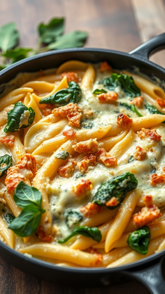 A delicious spinach and artichoke chicken pasta bake dish