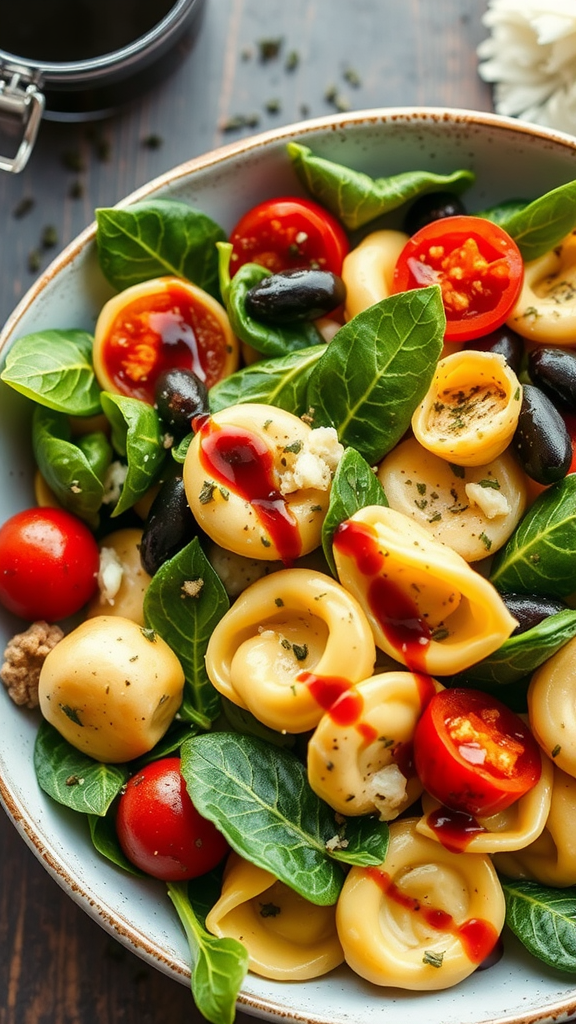 A vibrant salad featuring spinach, cheese stuffed tortellini, cherry tomatoes, and dressing.
