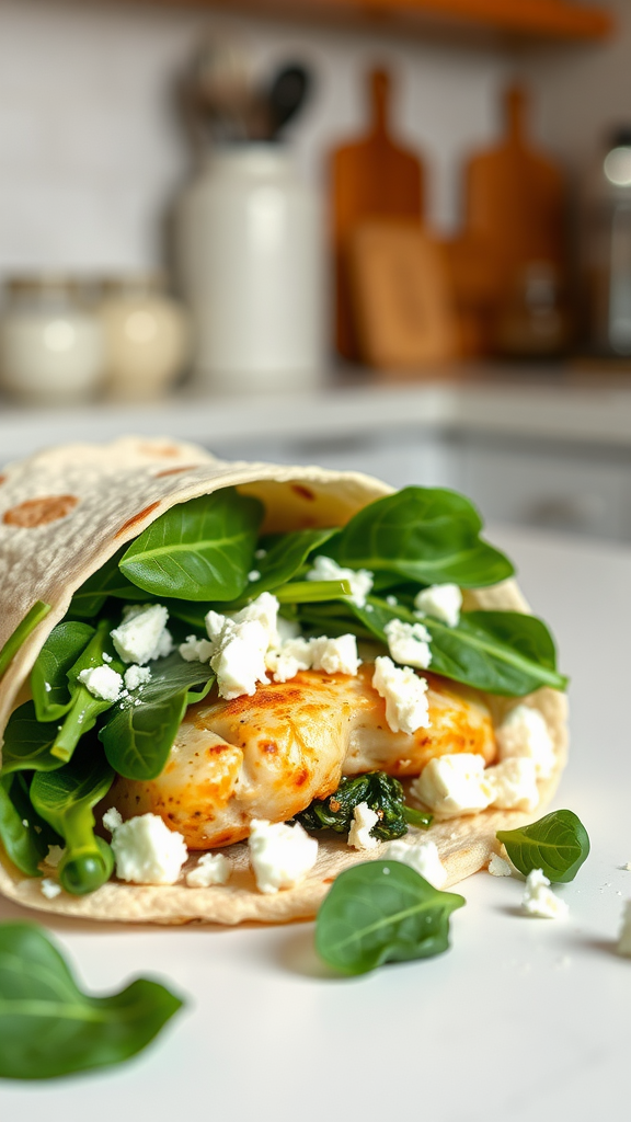 A close-up of a spinach and feta garlic chicken wrap, featuring tender chicken, fresh spinach leaves, and crumbled feta cheese wrapped in a tortilla.