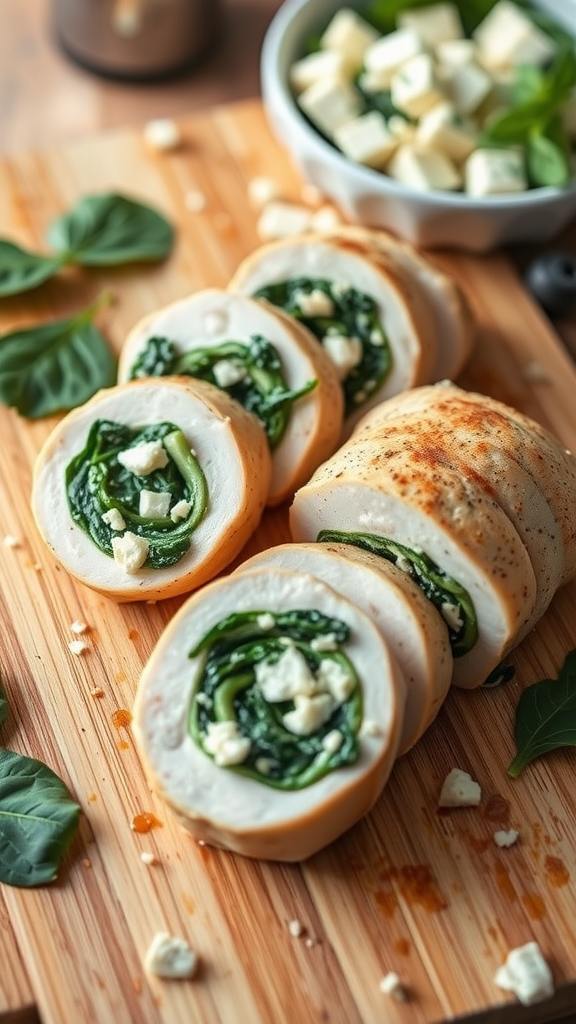 Sliced spinach and feta stuffed chicken breasts on a wooden cutting board.