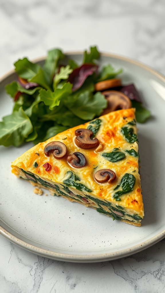 A slice of spinach and mushroom frittata on a plate with a side salad.