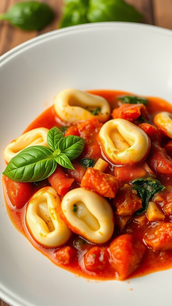 A plate of spinach and ricotta tortellini served in a vibrant tomato sauce, garnished with fresh basil.