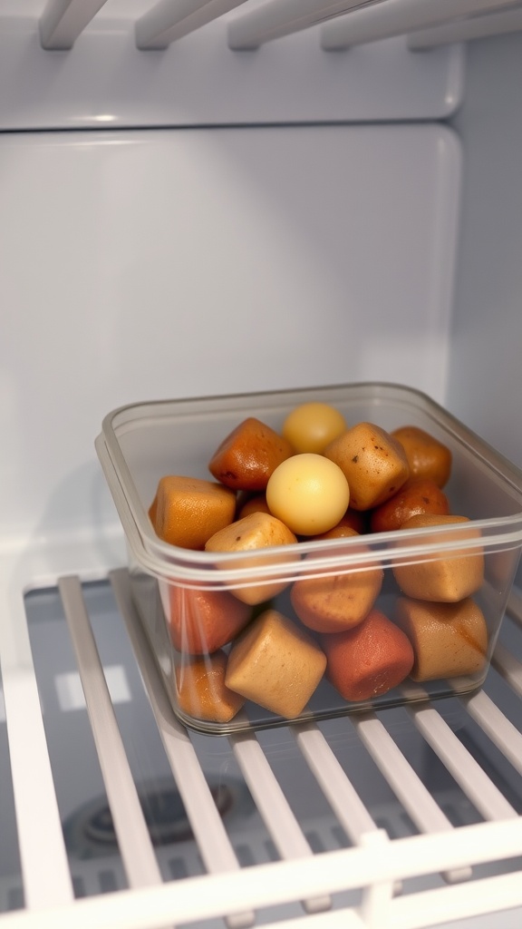 A clear container filled with steak bites in a refrigerator.