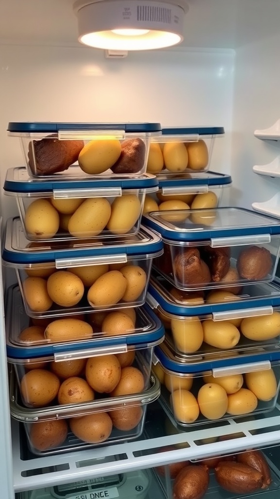 A refrigerator filled with organized containers of garlic butter steak bites and potatoes.
