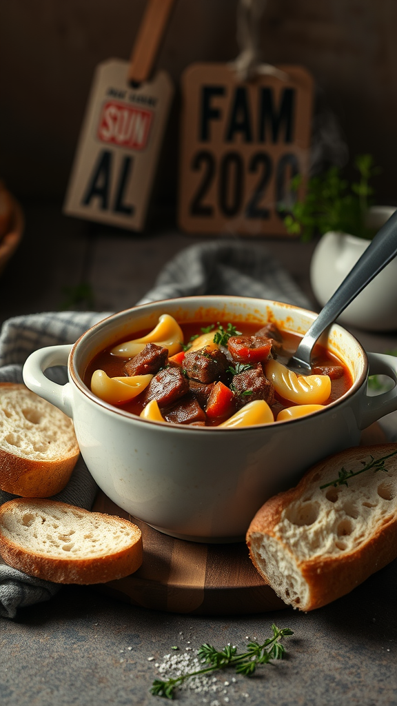 A bowl of hearty beef and bowtie pasta soup with slices of bread on a wooden board.