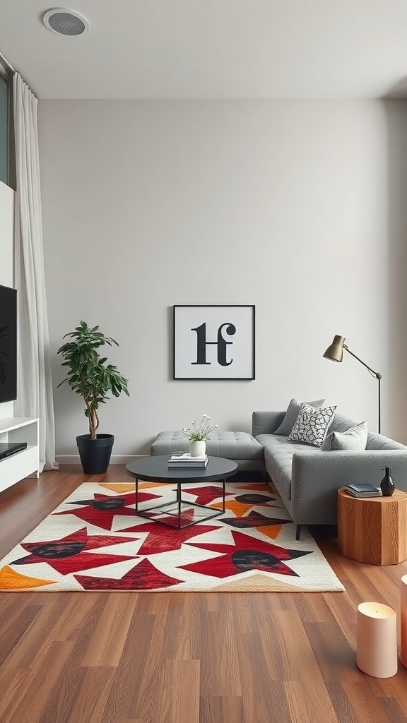A modern living room featuring a colorful geometric area rug, a gray sofa, and a coffee table.