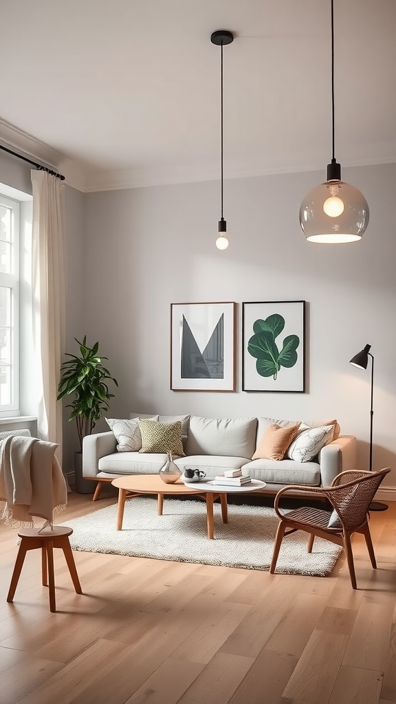 A modern Scandinavian living room featuring stylish pendant lights, a cozy sofa, and a warm color palette.
