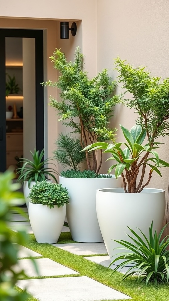 A collection of stylish outdoor planters with various plants arranged on a pathway.