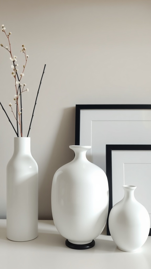 A minimalist display featuring white vases and black frames.