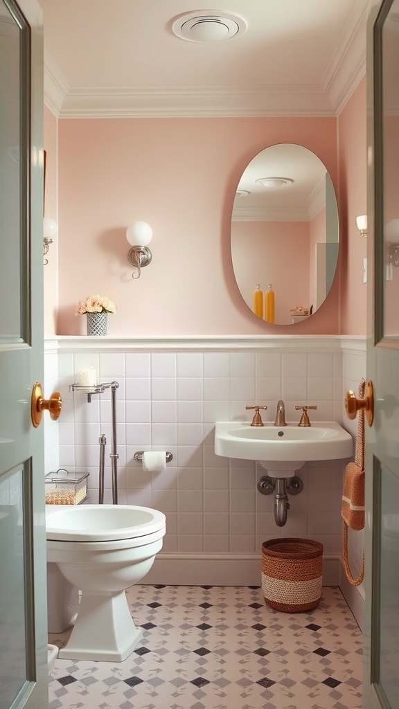 A vintage-style bathroom featuring soft pastel walls, elegant fixtures, and a cozy ambiance.