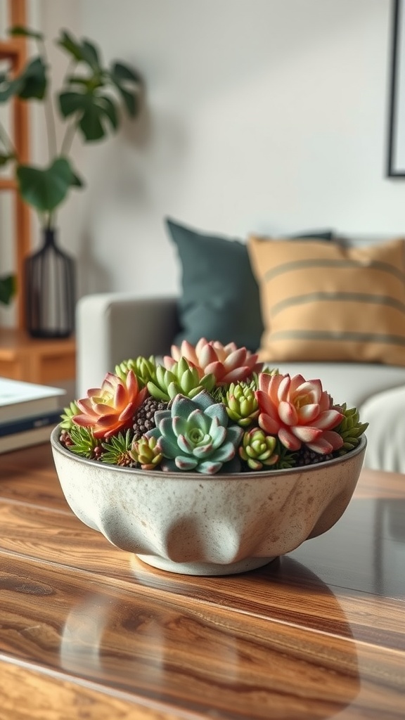 A beautiful arrangement of colorful succulents in a decorative pot on a wooden table.