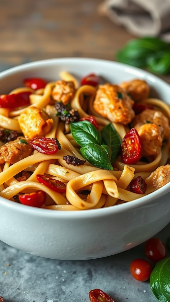 A delicious bowl of Sun-Dried Tomato and Basil Chicken Penne pasta with vibrant colors.